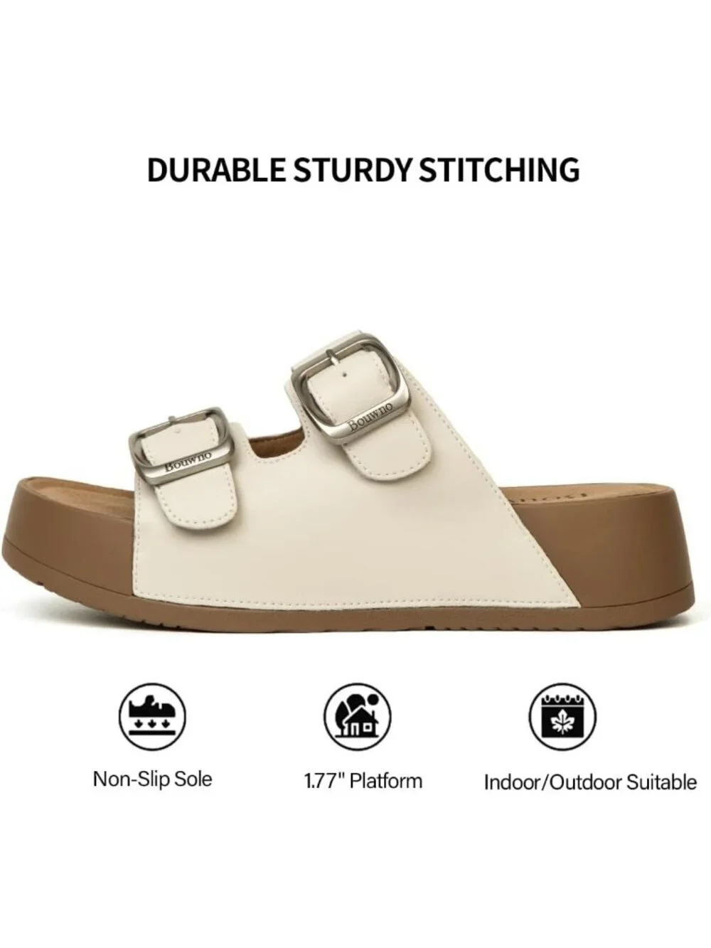 Women's White Slide Buckle Genuine Leather Slip on Beach Platform Sandal Shoes